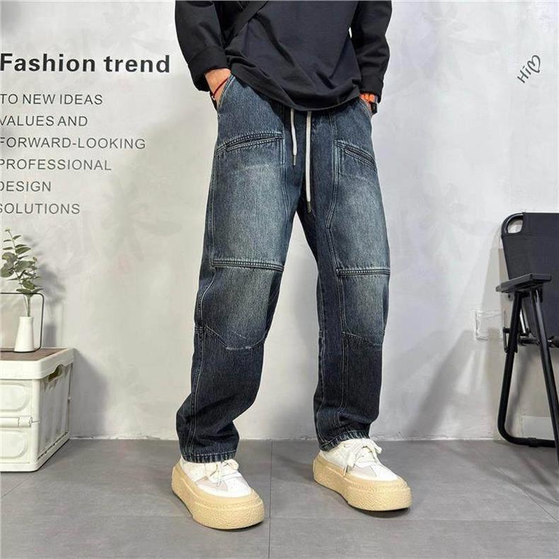 Herren Patchwork Jeans Weit Geschnitten Gerade Locker Arbeitshose_voghion.com