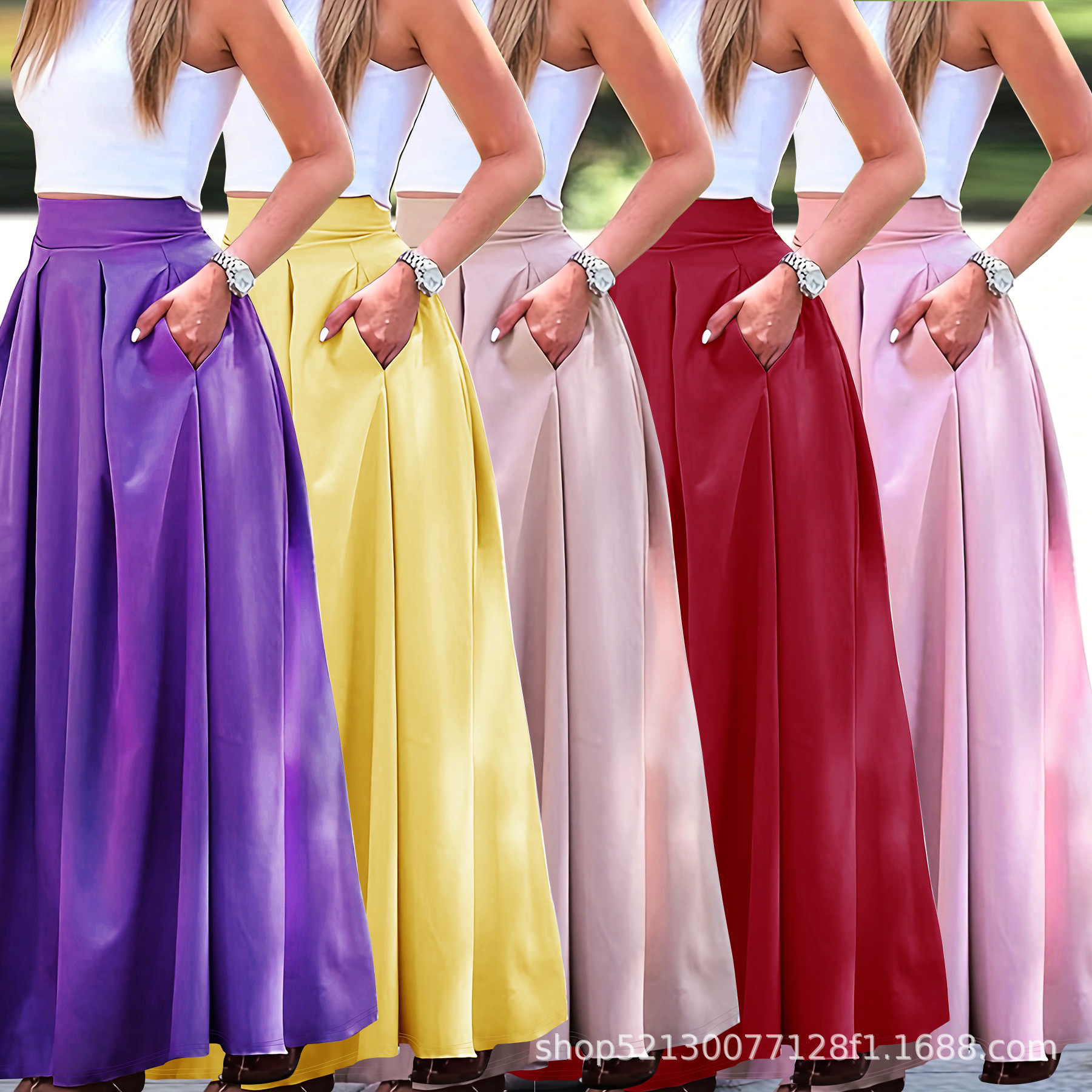Amazon transfronterizo europeo y americano nuevas mujeres más tamaño color sólido cintura alta casual suelta una línea Maxi falda