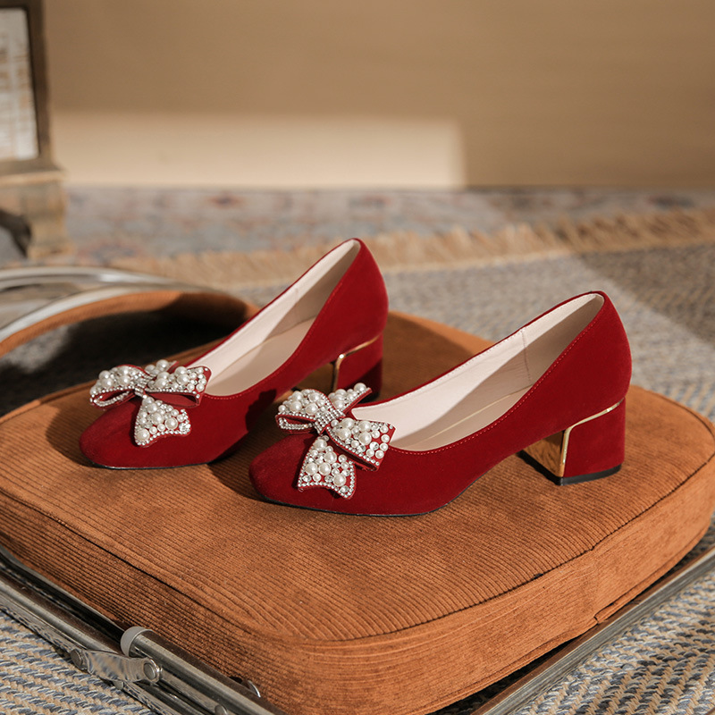 2024 New Square Heel High Heels plus size Wedding Shoes Bridal Shoes Xiuhe Dress Two-Wearing Wedding Bridesmaid Shoes Comfortable