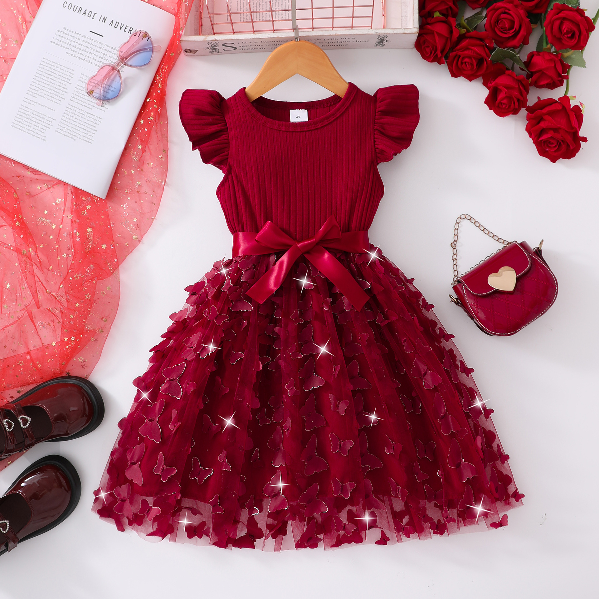 Dress for Small and Medium-Sized Children, Three-Dimensional Butterfly Flying Sleeve Dress with Corset