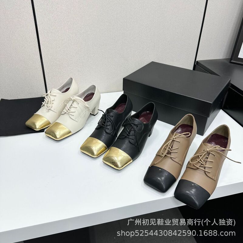 Luxury cross-border women's fashion shoes, color-blocked square-toed lace-up high heels for all seasons, elegant commuter leather shoes Luxury cross-border women's fashion shoes, color-blocked square-toed lace-up high heels for all seasons, elegant commuter leather shoes