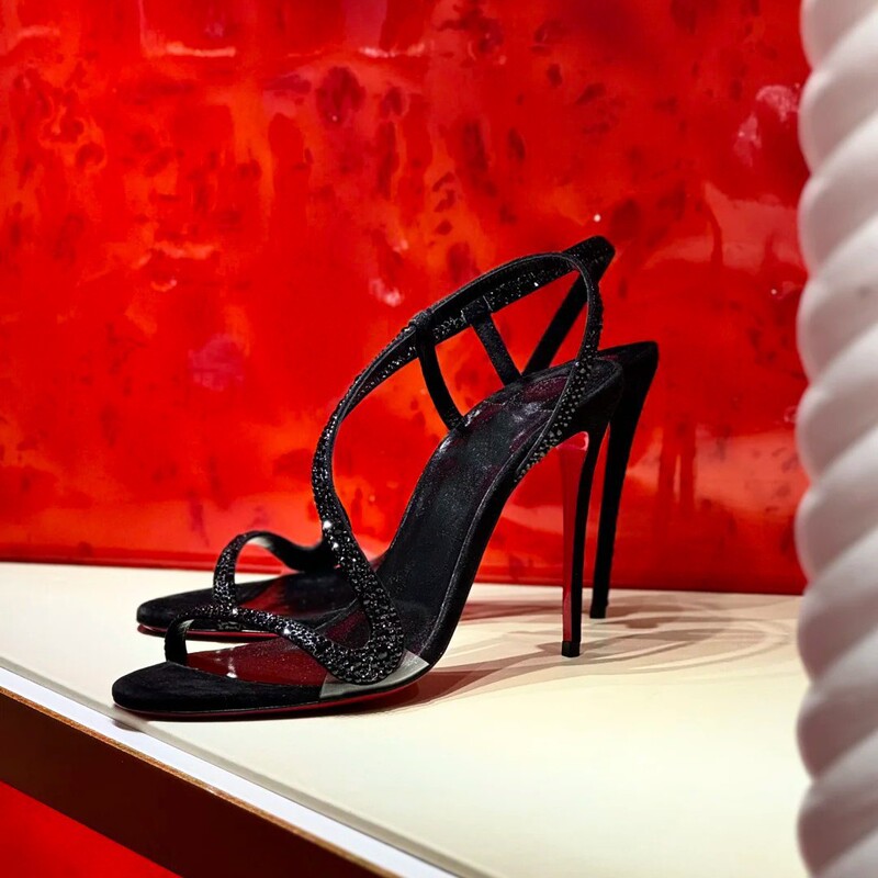 Cl Same Style Round Toe High Heels 2025 Summer New Fish Mouth Transparent Rhinestone Snake-Shaped Open Toe Sandals Women's Stiletto Heel