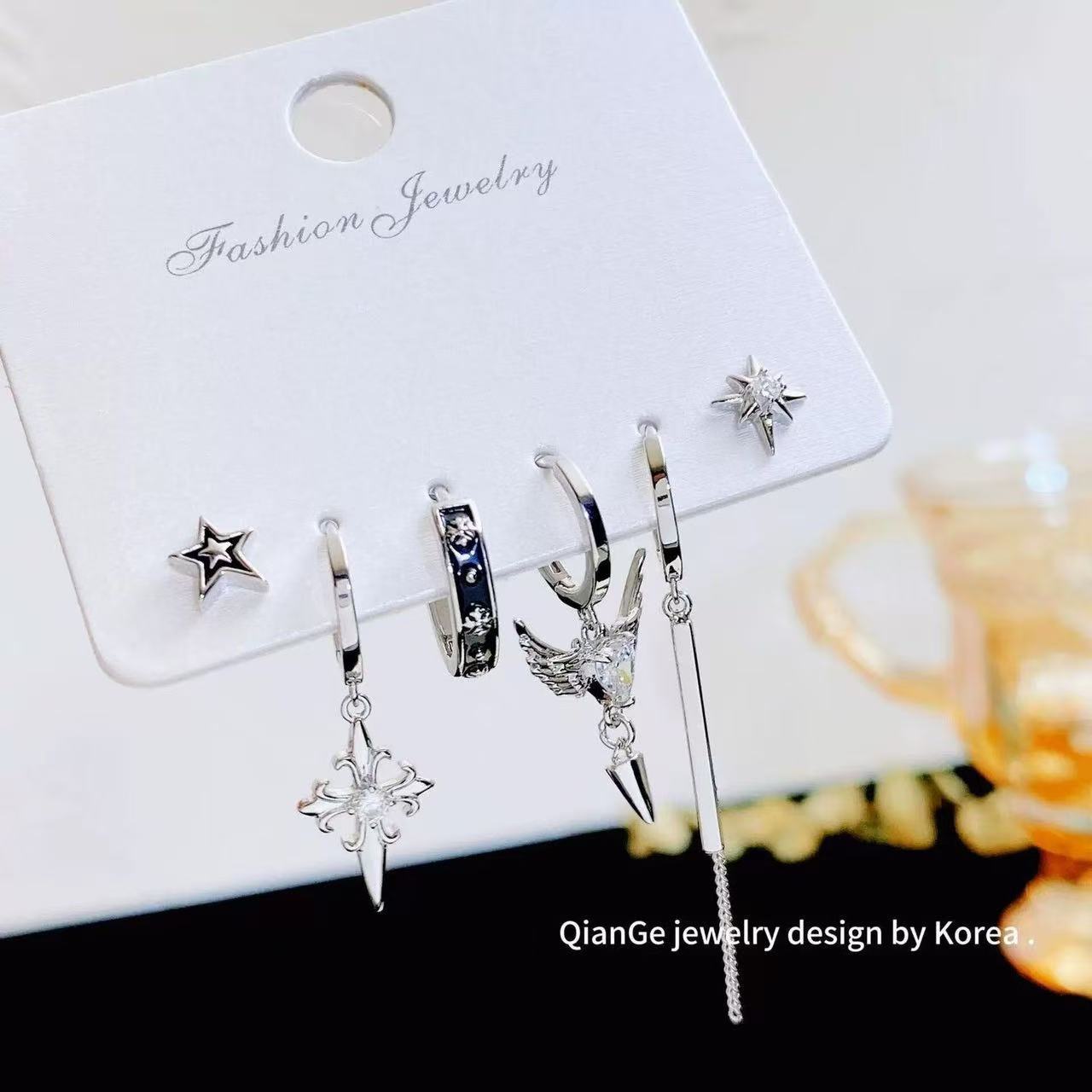 Angel Wings Cool Design Earring Set Fashionable Versatile Cross Earrings Star Niche Chain Earrings