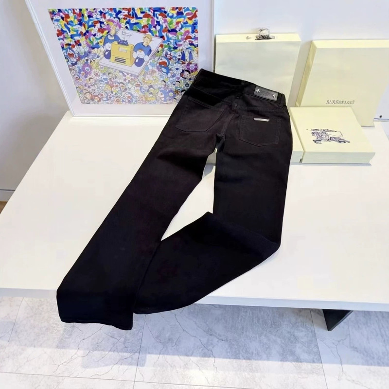Cross-Border Influencer Style Pure Black Cross Letter Logo Flared Straight-Leg Unisex Slim-Fit Jeans