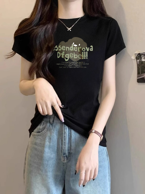 デザインニッチな右肩ピュアコットン半袖Tシャツレディース夏新作プリントスリムラウンドネックグレートップトレンディ|undefined