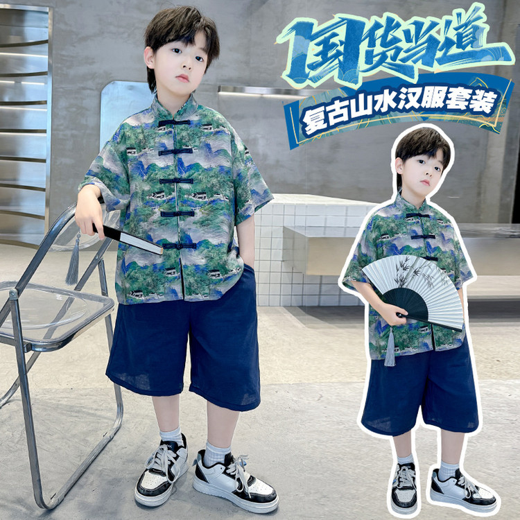 男童套装夏季汉服2024款儿童帅气卡通金龙盘扣国风两件套唐装童装
