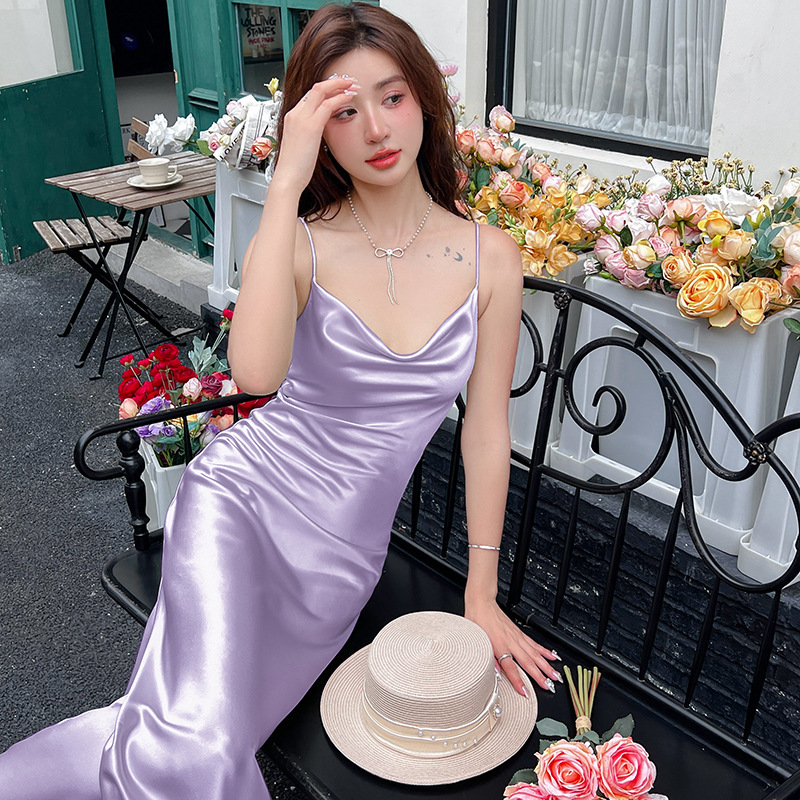 真丝多巴胺吊带连衣裙女夏内搭中长款缎面醋酸设计感修身长裙|undefined