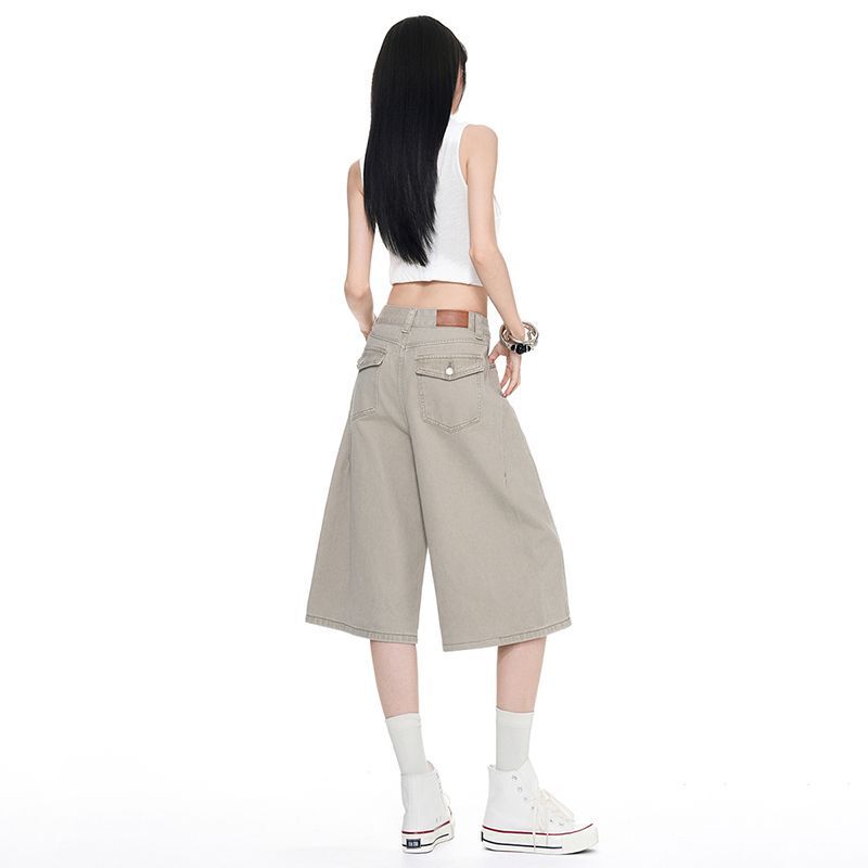 2026 Summer New American-Style Gray Cropped Denim Shorts for Women, Thin Low-Waist Loose Wide-Leg Mid-Length Pants