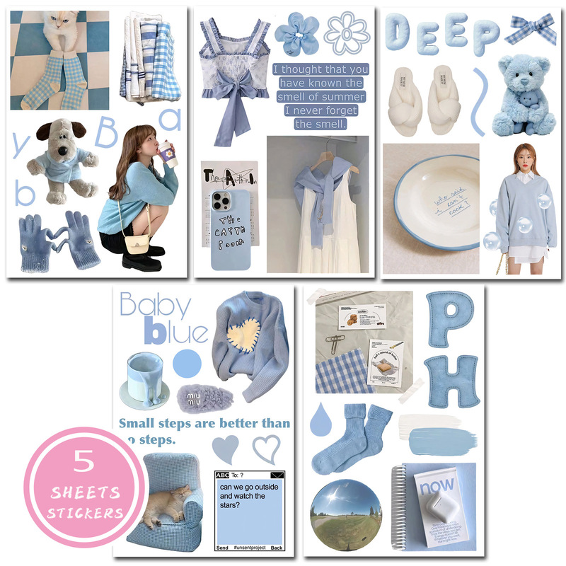 5 pieces into the film cut stickers daylight long gentle blue ins cartoon cute hand account collage decorative stickers cross-border