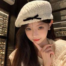日系蝴蝶结毛绒贝雷帽女秋冬2024新款甜美氛围感百搭画家帽显脸小