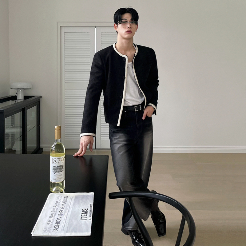 BJ Color Contrast Short Round Neck Jacket Men's Autumn Loose Chanel Style Jacket Korean Style Fashionable Shoulder Padded Top