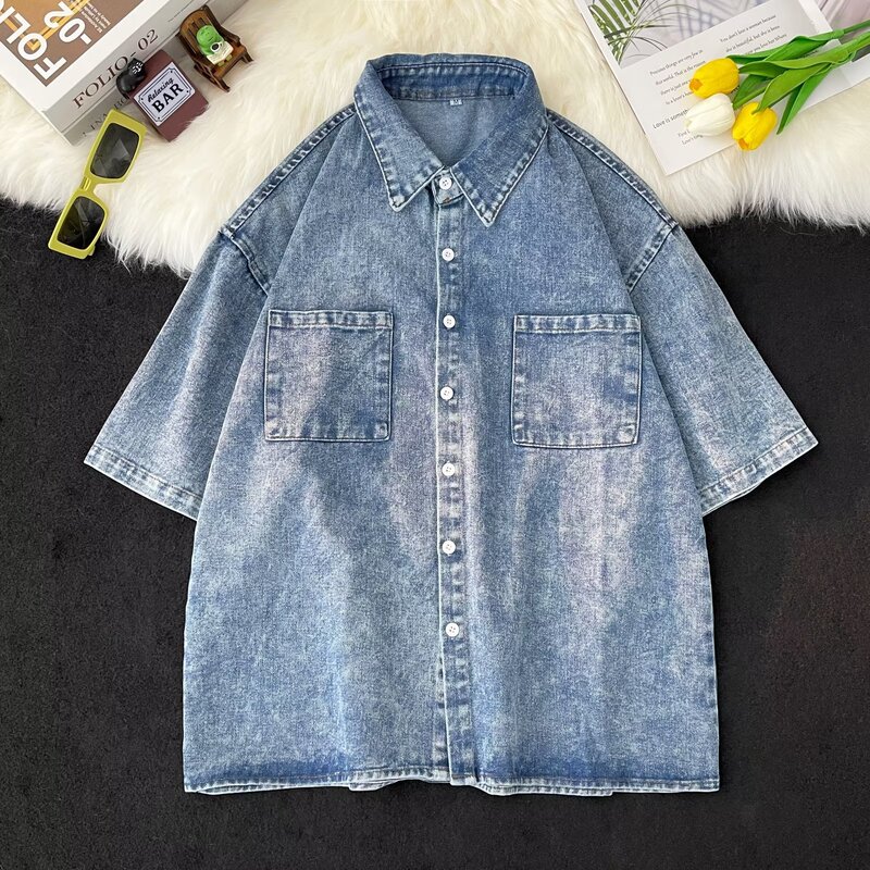 Denim Jacket Short-Sleeve Men's Street Style Loose Student Trendy Brand Bf Versatile Hip-Hop Shirt Cross-Border Exclusive