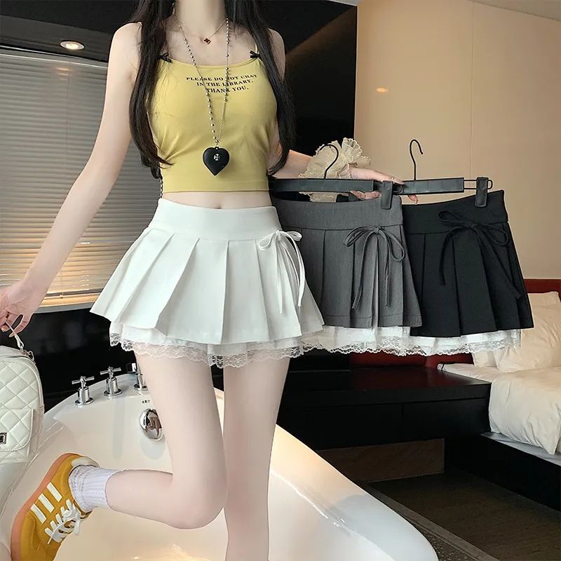 2025夏季新款甜美纯欲风百褶半身裙蕾丝拼接高腰半裙防走光超短裙