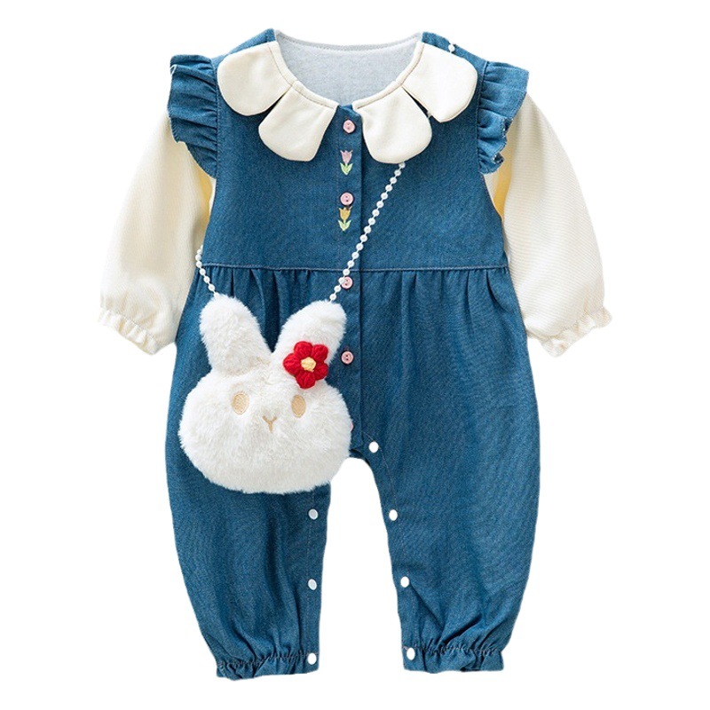 Estilo occidental bebé niña primavera y otoño mono recién nacido doble capa Denim mameluco 0-1 años de edad dulce lindo moda lindo mameluco