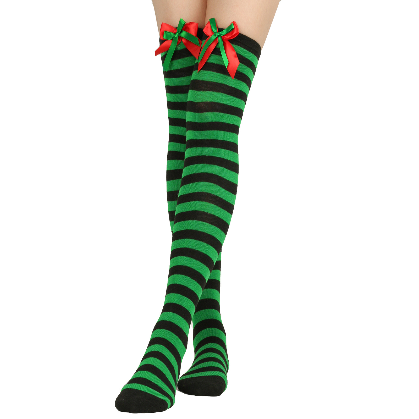 Calzini natalizi unisex con fiocco, calzini a palla, sopra il ginocchio, calzini lunghi da donna, calzini natalizi a righe_voghion.com