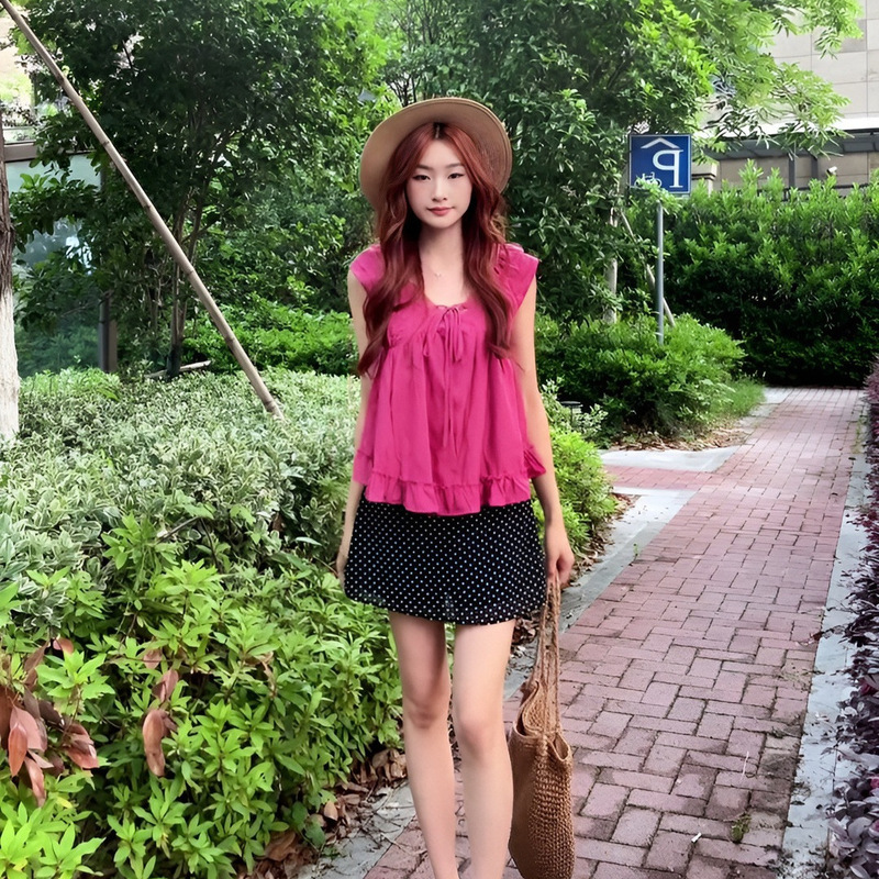 Purely Sweet Style Raspberry Pink Deep V-Neck Shirt for Women, Summer Tie-Up Ruffled Lace Doll Shirt with a Flowy Feel