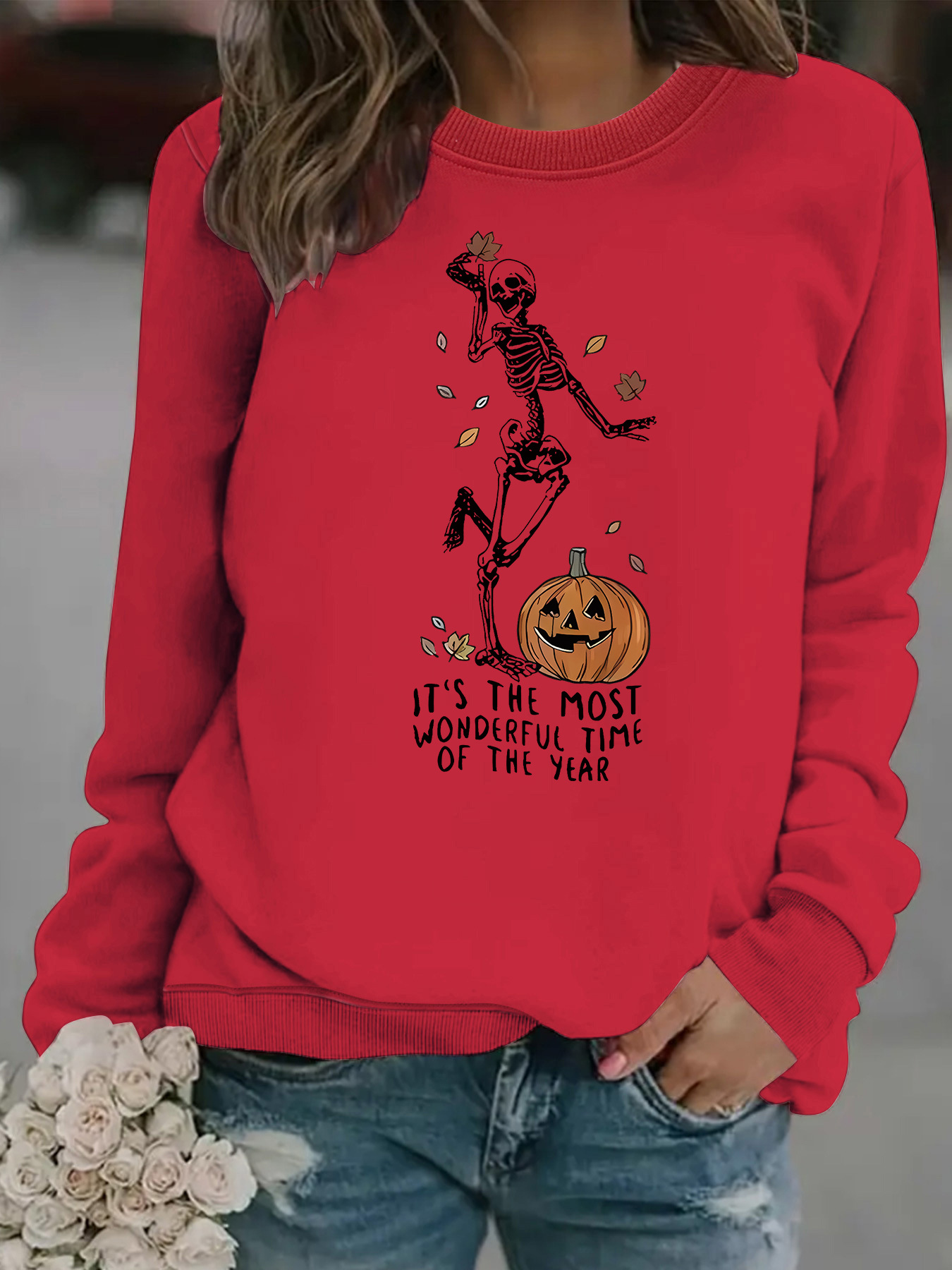 Herren-Sweatshirt mit Kürbis-Totenkopf-Print für Halloween – Gemütlicher Langarm-Pullover mit Rundhalsausschnitt für Damen und Herren (verschiedene Farben und Größen)_voghion.com