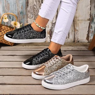 2025 Spring and Summer New Round-Toe Fashion Shiny Leather Versatile Lace-Up European and American Foreign Trade Large Size Casual Shoes for Women Wholesale