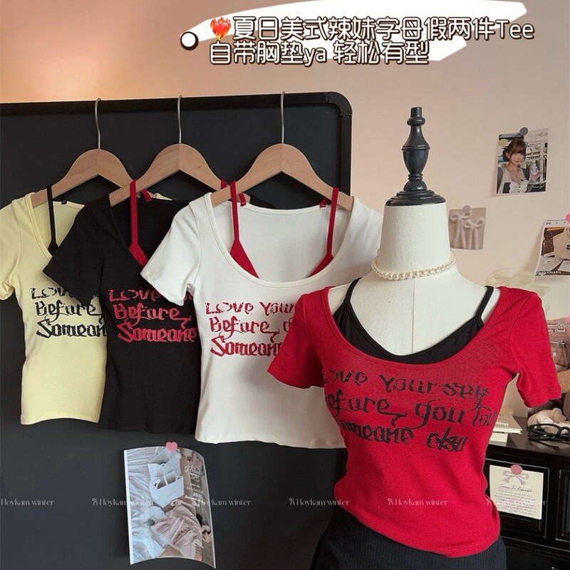 New Summer American Spice Girl Letter Printing Fake Two-piece Short Slim-fit Slimming Women's Short-sleeved Vest with Chest Pad