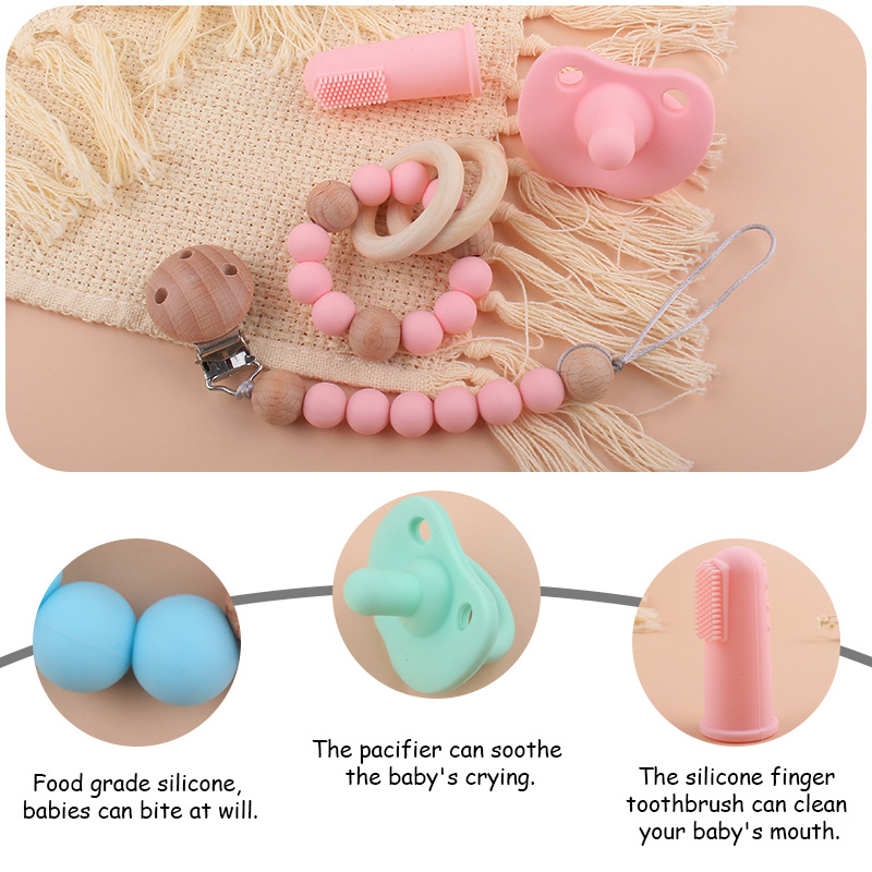 Nuevo bebé suministros de silicona de cuatro piezas conjunto chupete bebé silicona pezón pulsera dedo manga cepillo de dientes pezón cadena