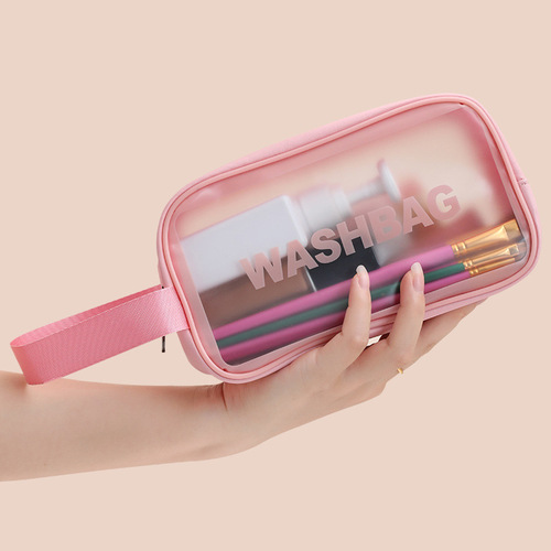 Simple Pu Waterproof Sanding Makeup Bag Travel Transparent Wash Kit Bag Large Capacity Handheld Cosmetic Portable Storage Bag