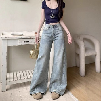 Light-Colored High-Waisted Wide-Leg Loose Straight-Leg Jeans for Women, Autumn and Winter 2025 New Fleece-Lined Pants, Autumn Long Pants
