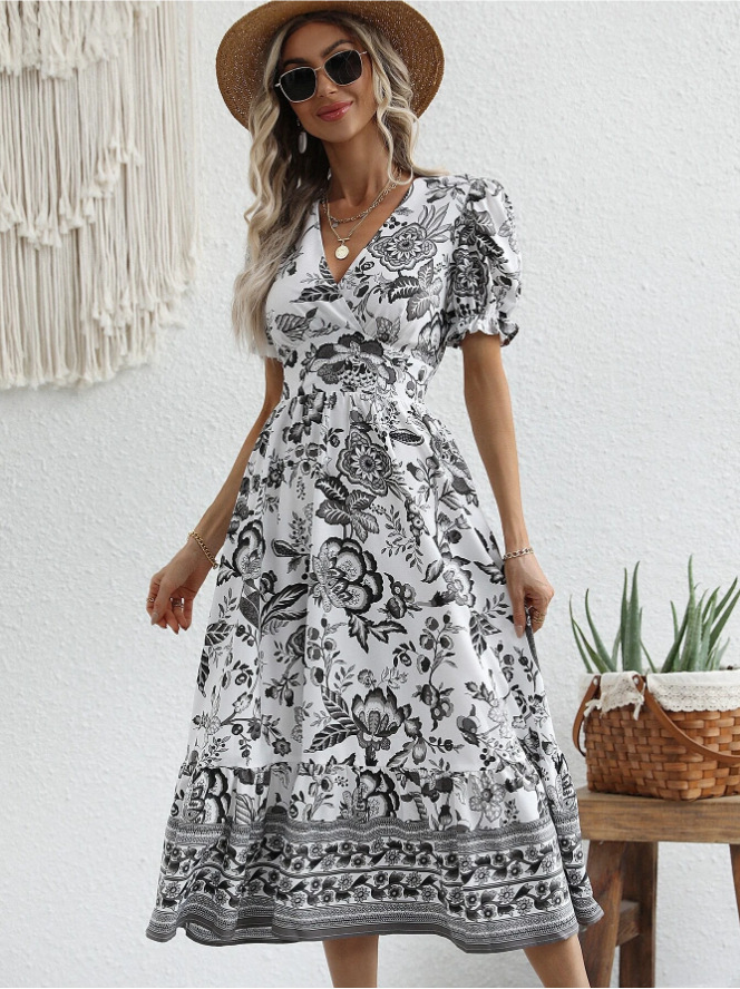 Women's Swing Dress Vintage Style Vacation V Neck Printing Short Sleeve Printing Midi Dress Holiday Travel display picture 3