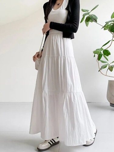 2026 pleated A-line semi-skirt summer high-waisted trendy fashion new Chinese forest system temperament long pure color dress