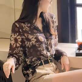 韩版度假风碎花印花长袖雪纺衬衫外套女夏季薄款洋气防晒开衫上衣