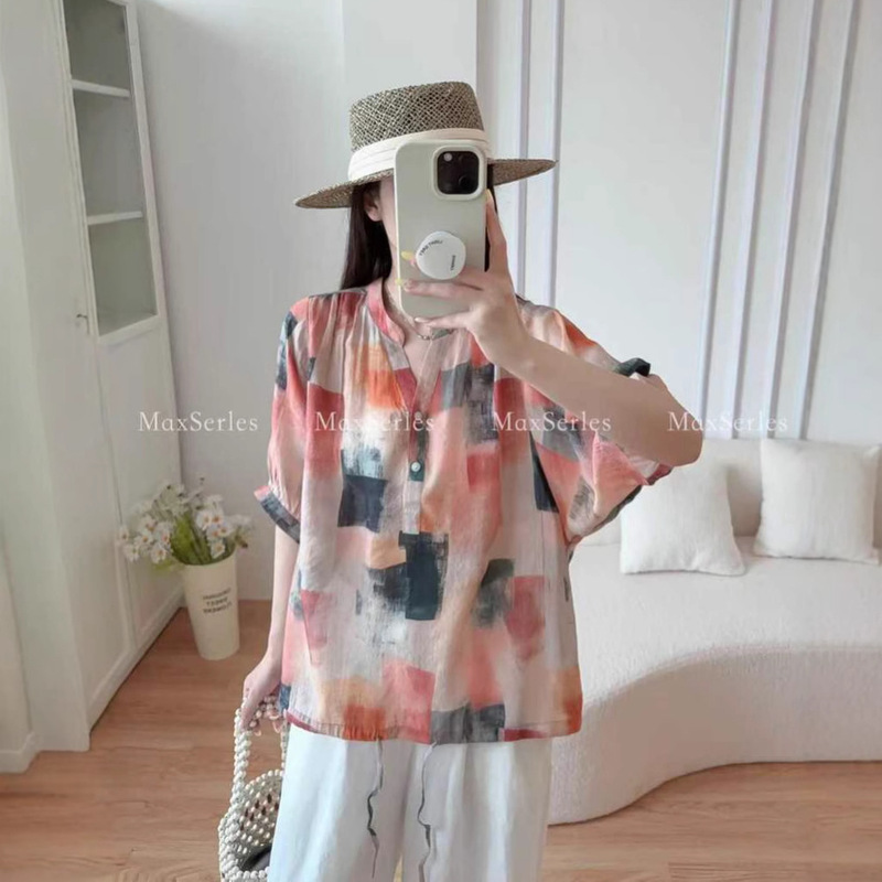 Summer New Short-Sleeved Shirt Korean Style Graffiti Printed V Neck Shirt Loose Women's Lace-Up Pullover Shirt 4586