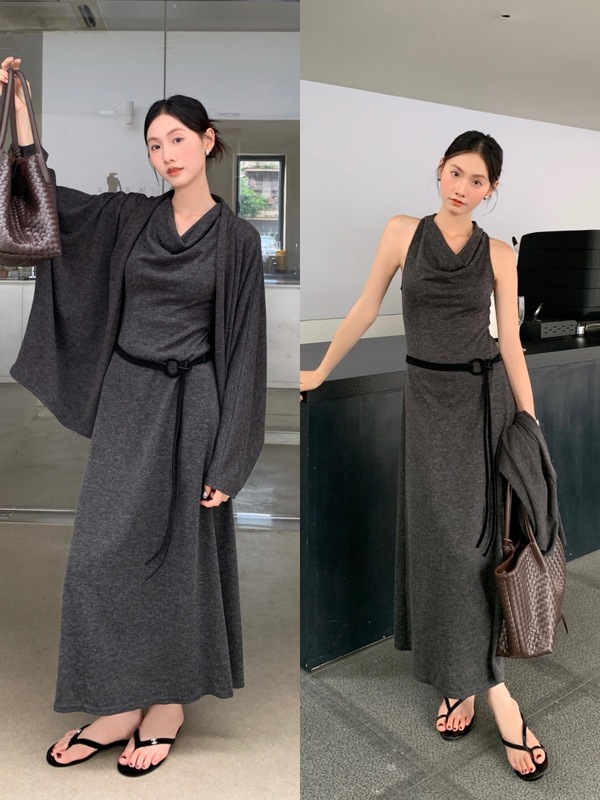 回归松弛感25秋装套装高级连衣裙+开衫 法式极简宽松慵懒风两件套|undefined