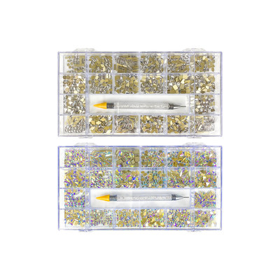 美甲店专用21格大钻盒平底异形钻大小混装盒装玻璃水钻指甲装饰钻