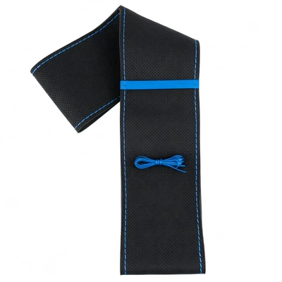 Universal Nappa Leather Car Steering Wheel Cover 38cm DIY Hand-Sewn Steering Wheel Protector (Steering wheel cover) - universal-diy-hand-sewn-car-seat-cover-black-leather-full-perforation-blue-label-blue-stitching-38cm