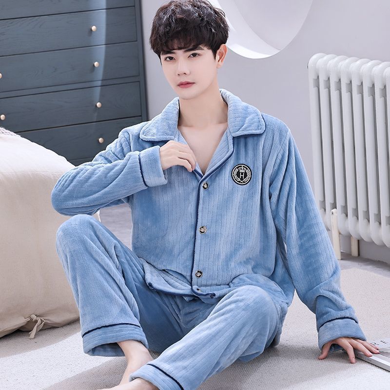 남성용 가을 겨울 산호 벨벳 잠옷, 겨울 두꺼운 벨벳 가정복, 봄, 가을 대형 플란넬 남성 정장
