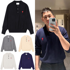 AMI CLAMS愛のアルファベット刺繍クラシック襟開きニットPOLOプルオーバー長袖セーターゆったり男女モデル