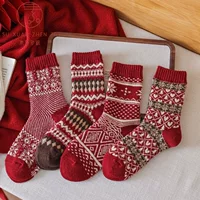 Рождественские носки, новогодние красные носки, носки Fair Isle, осенние и зимние шерстяные утолщенные носки до середины икры, стеганые носки с цветочным рисунком в стиле ретро.