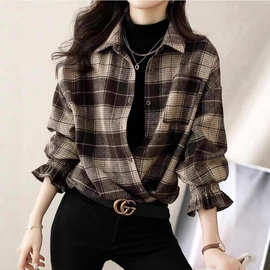 女士格子宽松衬衫秋装叠穿2025新款上衣秋冬磨毛衬衣