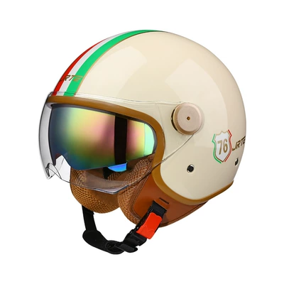 Motorcycle Half Helmet for Men | Motosiklet kaskı (dəbilqə) - bright-beige-double-mirror-short-outside-and-colorful-inside-one-size-fits-all