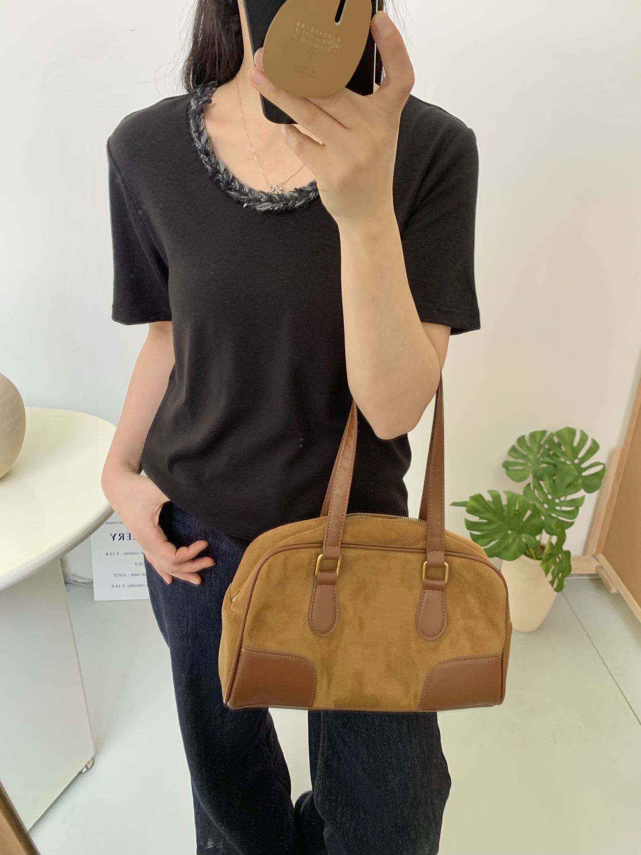 2025 Spring & Fall New Style Gray Tweed Woven Short-Sleeved Bottoming T-Shirt for Women with Unique Design