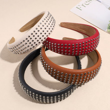 欧美跨境复古文艺镶嵌铆钉皮质发箍女高级感宽边头饰简约百搭发饰
