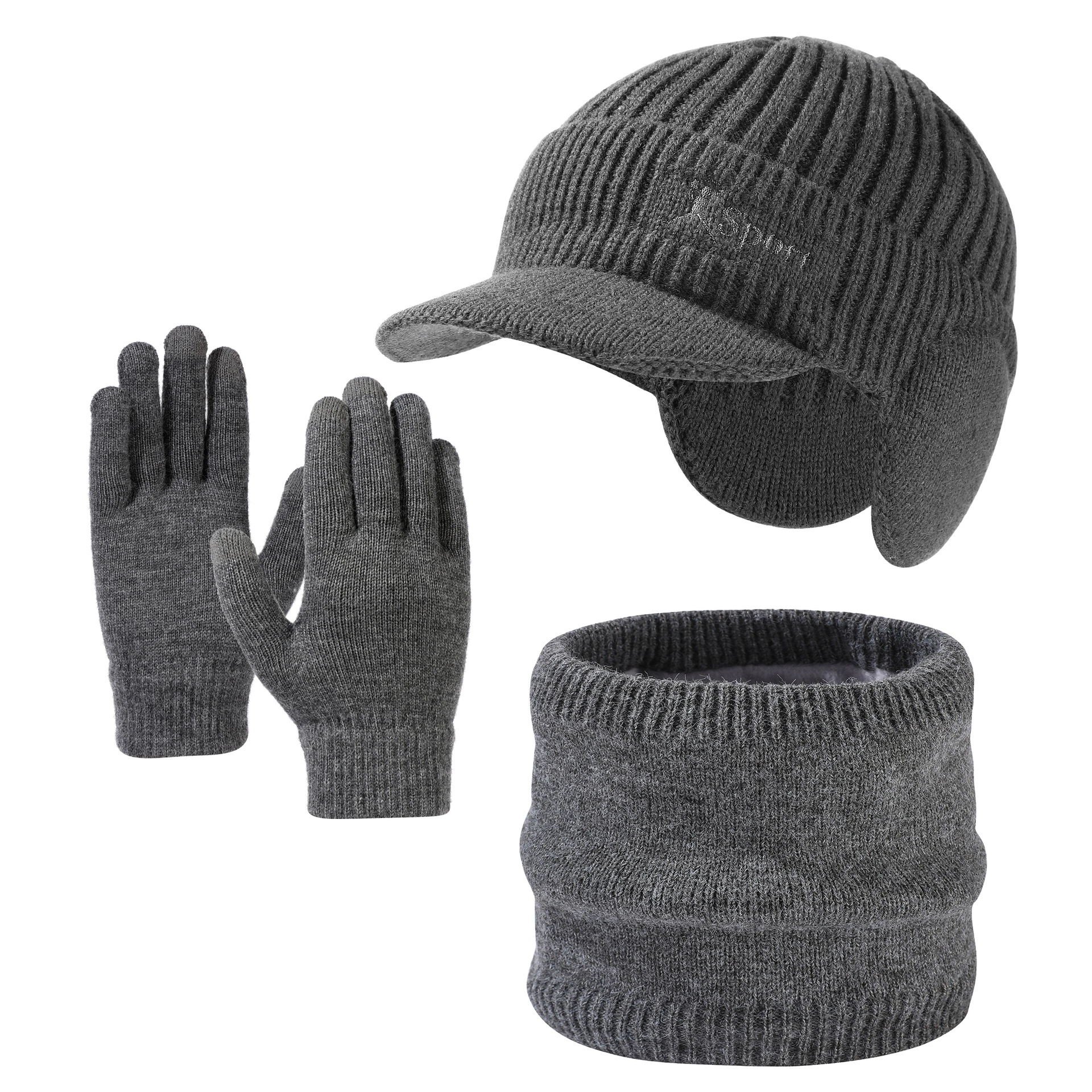 Keep warm hat, scarf, gloves, men's knitted woolen set, 3 piece set, increased thickness