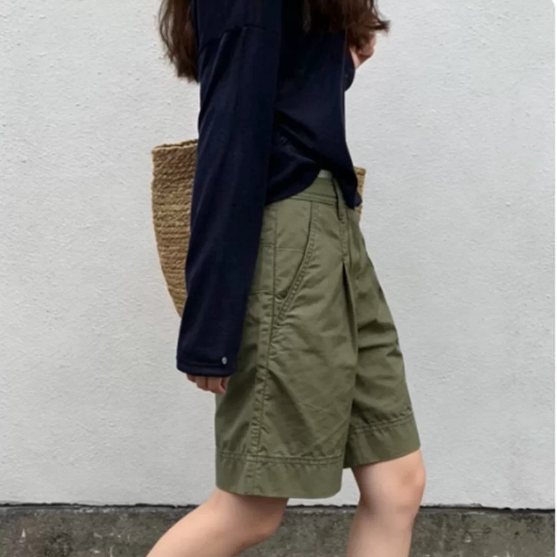 Summer Stylish Thin Pants Versatile Casual Sports Retro High-Waisted Army Green Workwear Five-Point Wide-Leg Pants for Women