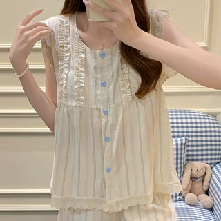 带胸垫无袖少女睡衣夏季薄款2026新品花边背心短裤云朵棉家居服女