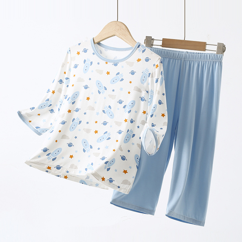 Foguetes estampados por toda parte (mangas três quartos com sensação de dormir nu) / Nº 110 (altura recomendada 100-110cm/peso 30-40 catties)