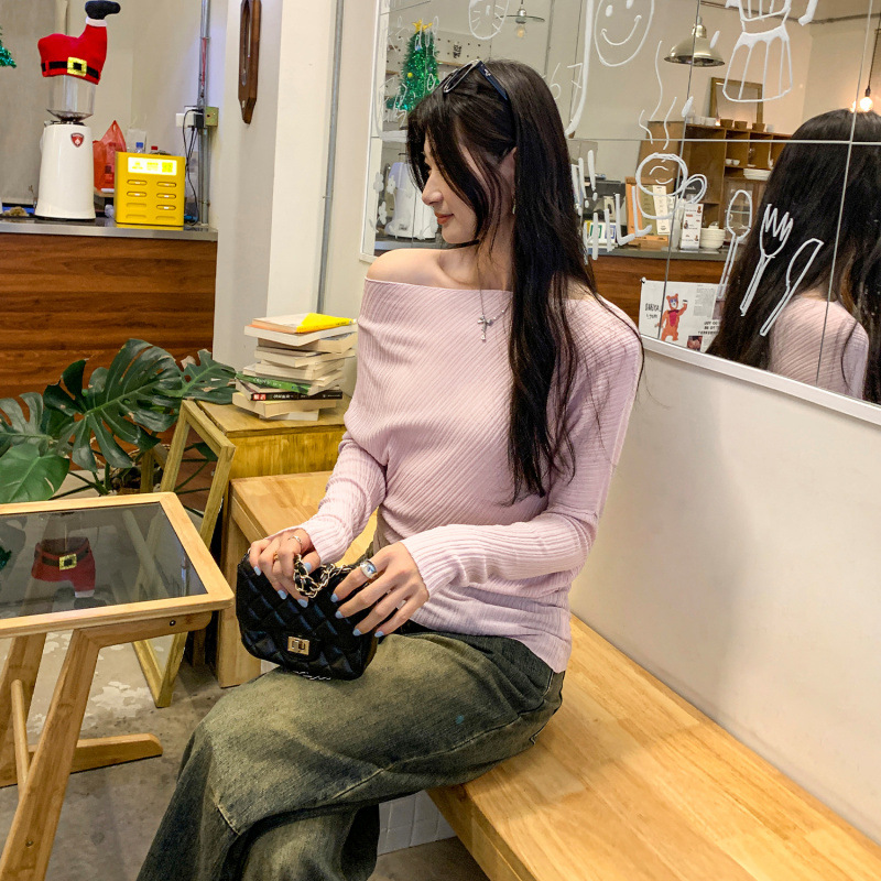 热销淡人温柔高知穿搭粉色一字肩针织打底衫女秋冬2025新款上衣