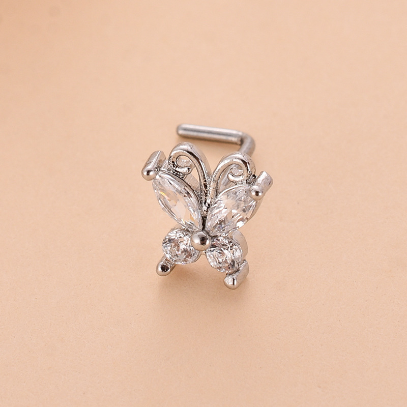 Fashion Heart Shape Butterfly Stainless Steel Copper Plating Inlay Zircon Nose Studs 1 Piece display picture 24