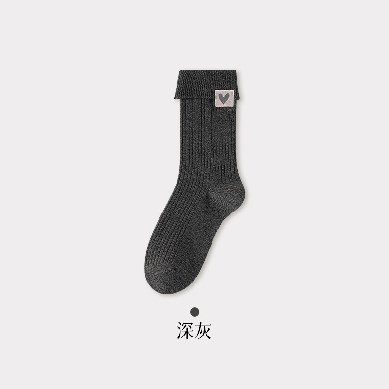 秋冬新款翻口刺绣双针堆堆袜女 棉质中筒袜ins黑白灰时尚百搭袜子|undefined
