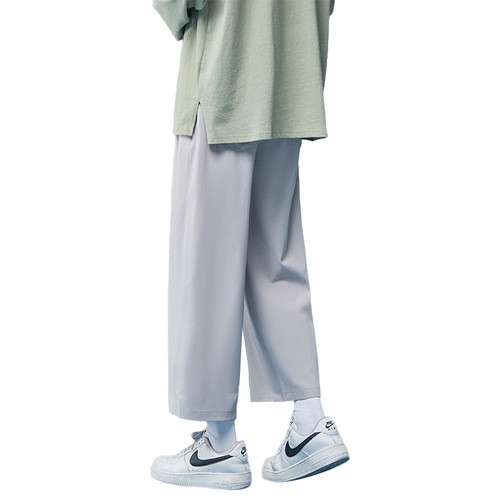 Summer Cooling Ice Silk Pants for Men, Korean Style, Quick-Drying and Breathable, 9-Inch, Instagram-Inspired, Hong Kong Style, Loose Straight Leg Wide Pants, Casual