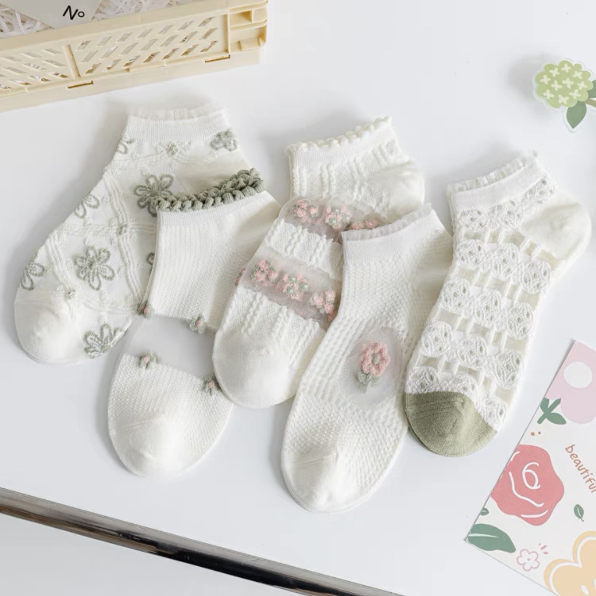 Women's Thin Mesh Lace Summer Ankle Socks with Hollow Design, Summer Glass Silk Lace Hollow Socks