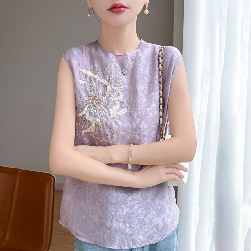 Silk Embroidery Sequin Embellished Round Neck Flutter Sleeve Blouse for Women, High-End New Chinese Style National Style Sleeveless Top